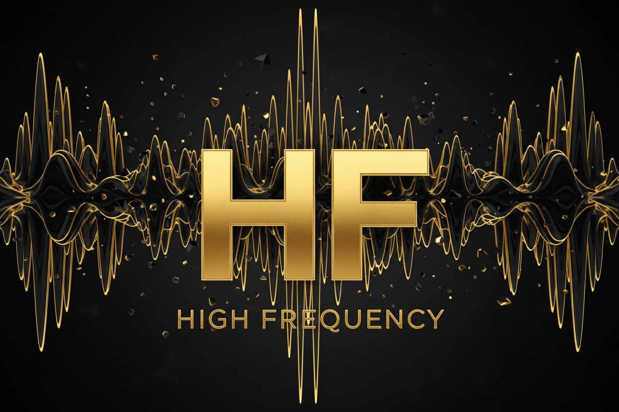 3 stacked frequency waves

HF (bold)

Particle dots (energy crystallizing)

HIGH FREQUENCY (all caps, letter spaced) colors black and gold